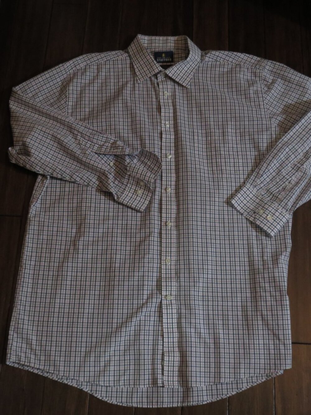 Stafford 17.5/34-35Travel Button Down Long Sleeve Regular Fit Shirt Plaid White